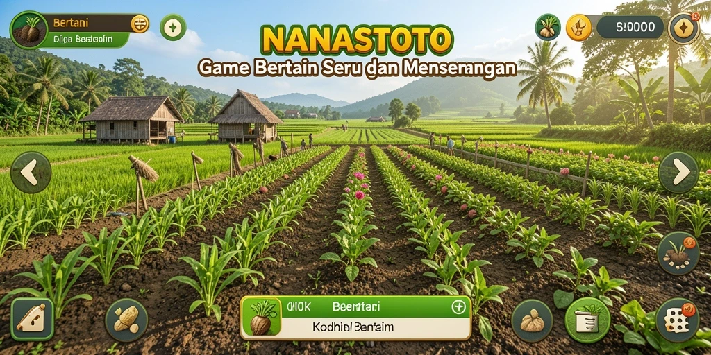 Antarmuka permainan NANASTOTO yang menampilkan ladang dan hewan ternak.